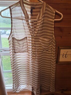 Striped Sheer Sleeveless Tunic - Taupe and White